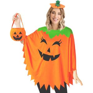 3 PCS Pumpkin Costume for Women,Halloween Pumpkin Poncho for Adults,Halloween Costume for Women with Accessories