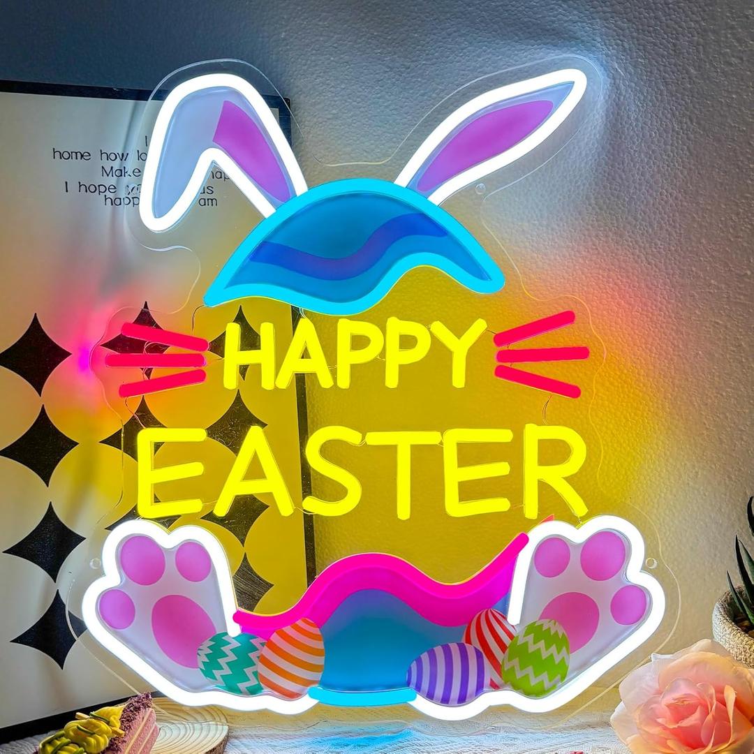 Easter Neon Sign 14.8"x13.2"Bunny Eggs Neon Light with Rabbit Ears and Paws for Wall Decor USB Dimmable Easter Present for Home Bedroom Kids Room Window Holiday Party Decoration