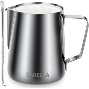 Milk Frothing Pitcher, 12oz Stainless Steel Milk Frother Cup Steaming Pitcher, Coffee Bar Cappuccino Espresso Machine Accessories Barista Tools, Metal Pitcher Milk Jug with Decorating Latte Art Pen (A0 Silver)