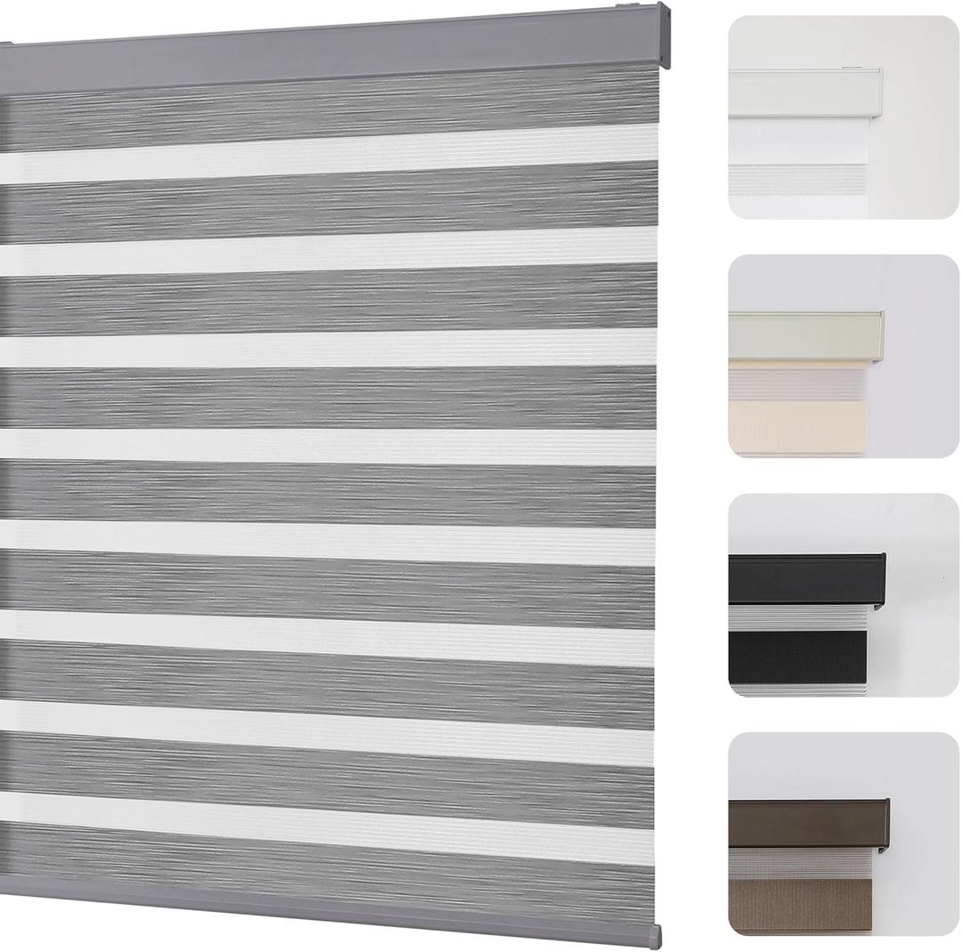 Joydeco Cordless Zebra Blinds for Windows, Dual Layer Light Control Window Blinds with Light-Proof Aluminum Cover, Free-Stop Roller Shades for Home & Office (Grey,35" W x 75" H)
