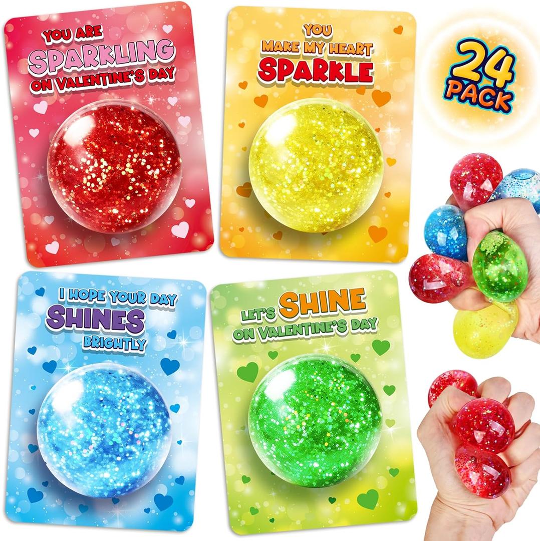 24 Pack Valentine's Day Cards for Kids with Stretchy Balls, Valentines Gifts for Kids Classroom School Exchange, Kids Party Favors and Prizes Squeeze Toy for Kids