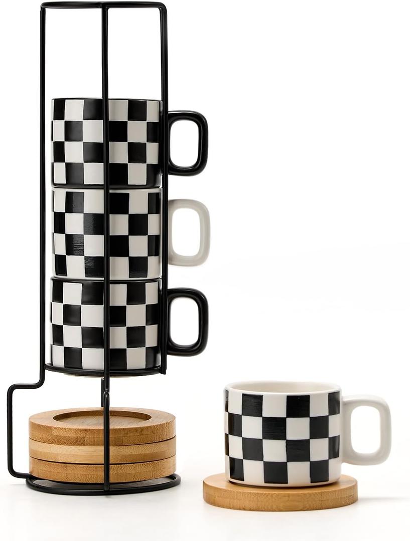 LUKA Ceramic Stackable Black and White Checkered Espresso Cups with Saucers and Metal Stand, 4 Ounce Small Demitasse Cups Set for Coffee Drinks, Latte, Tea - Set of 4
