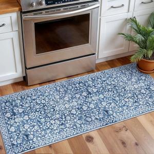 Vintage Washable 2x5 Rug, Denim Blue White Hallway Runner, Super Soft Non-Slip Kitchen Runner, Print Faux Wool Floral Thin Carpet for Entryway & Bedside (2ft x 5ft (Runner), Denim Blue and White)