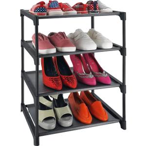 4 Tiers Small Shoe Rack,Narrow Stackable Shoe Shelf Organizer,Sturdy Shoe Stand, Non-Woven Fabric Metal Shoe Racks for Entryway, Doorway and Bedroom Closet