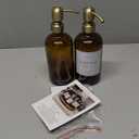 Vine Creations Amber Glass Soap Dispenser, 2 Pack Kitchen Soap Dispenser Set with Stainless Steel Pump, 16 oz Dish Soap and Hand Soap Dispensers for Bathroom with Waterproof Labels and Protective Pads (Amber Bottle / Brushed Brass Pump)
