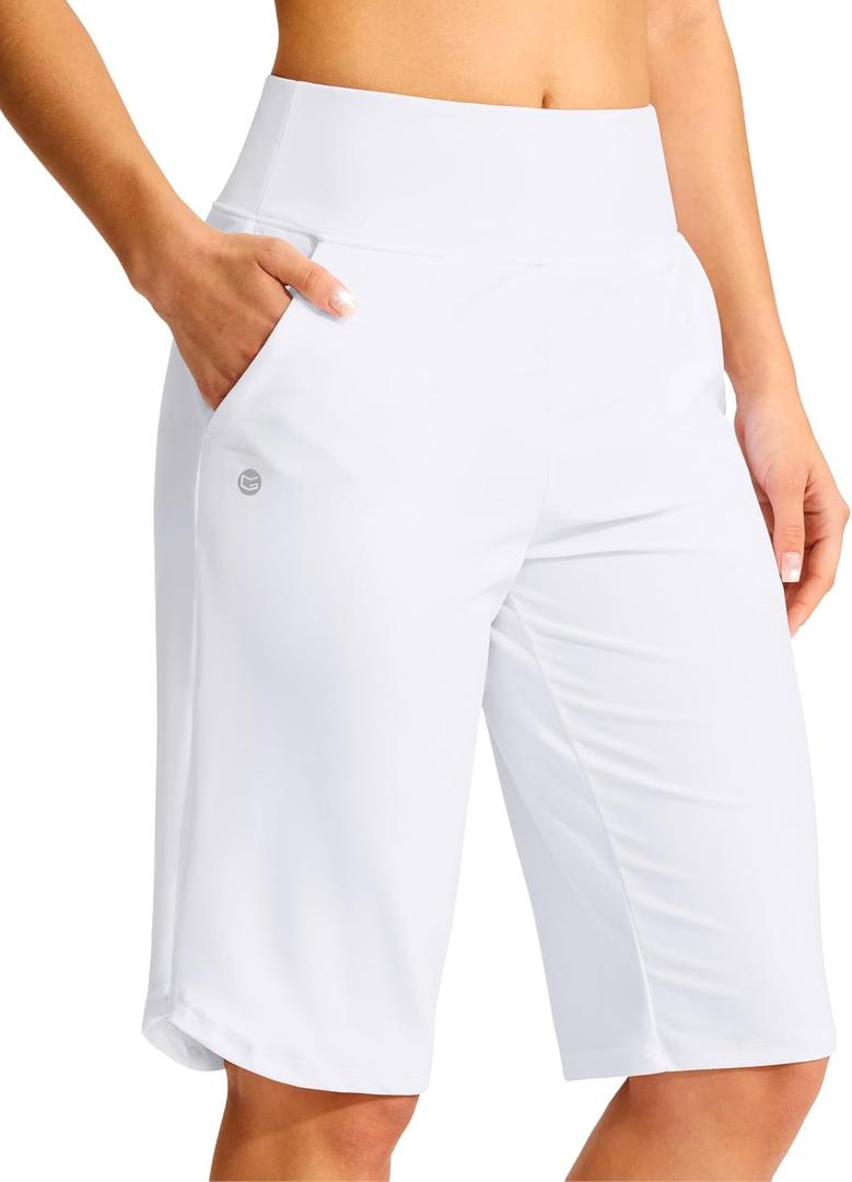 G Gradual Women's 13" Long Swim Board Shorts with Pockets High Waisted Quick Dry Beach Swimming Shorts for Women with Liner (White, L)