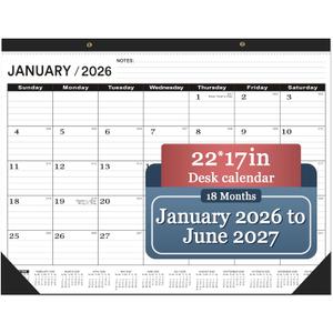 Desk Calendar 2026(January 2026 - June 2027), 2026 Desk Calendar Large 22 x17，2026 Calendar, Classic Black, Large Calendar 2026-2027 with Plastic Cover