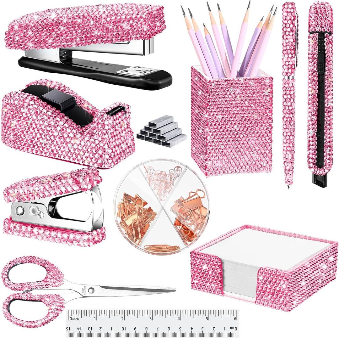 Teling 10 Pcs Bling Office Accessories for Desk Bling Crystal Office Supplies Set Desk Accessory Kit Glitter Stapler Staple Remover Tape Dispenser Diamond Pen Scissors for Women Home(Pink)