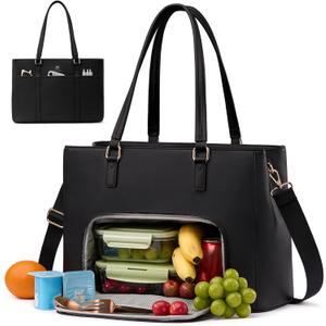 LOVEVOOK Lunch Bag for Women, Leather Laptop Tote Bag with Insulated Lunch Compartment for Work, Office (17.3 inch, Black)
