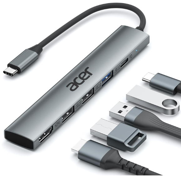 Acer 5 in 1 USB C Hub with 4K HDMI, 100W Power Delivery, 3 USB A Data Ports, USB C to HDMI Multiport Adapter for Laptop, PC, Tablet, MacBook Air, iPad Air, iMac, iPhone 15/16 Pro/Pro Max