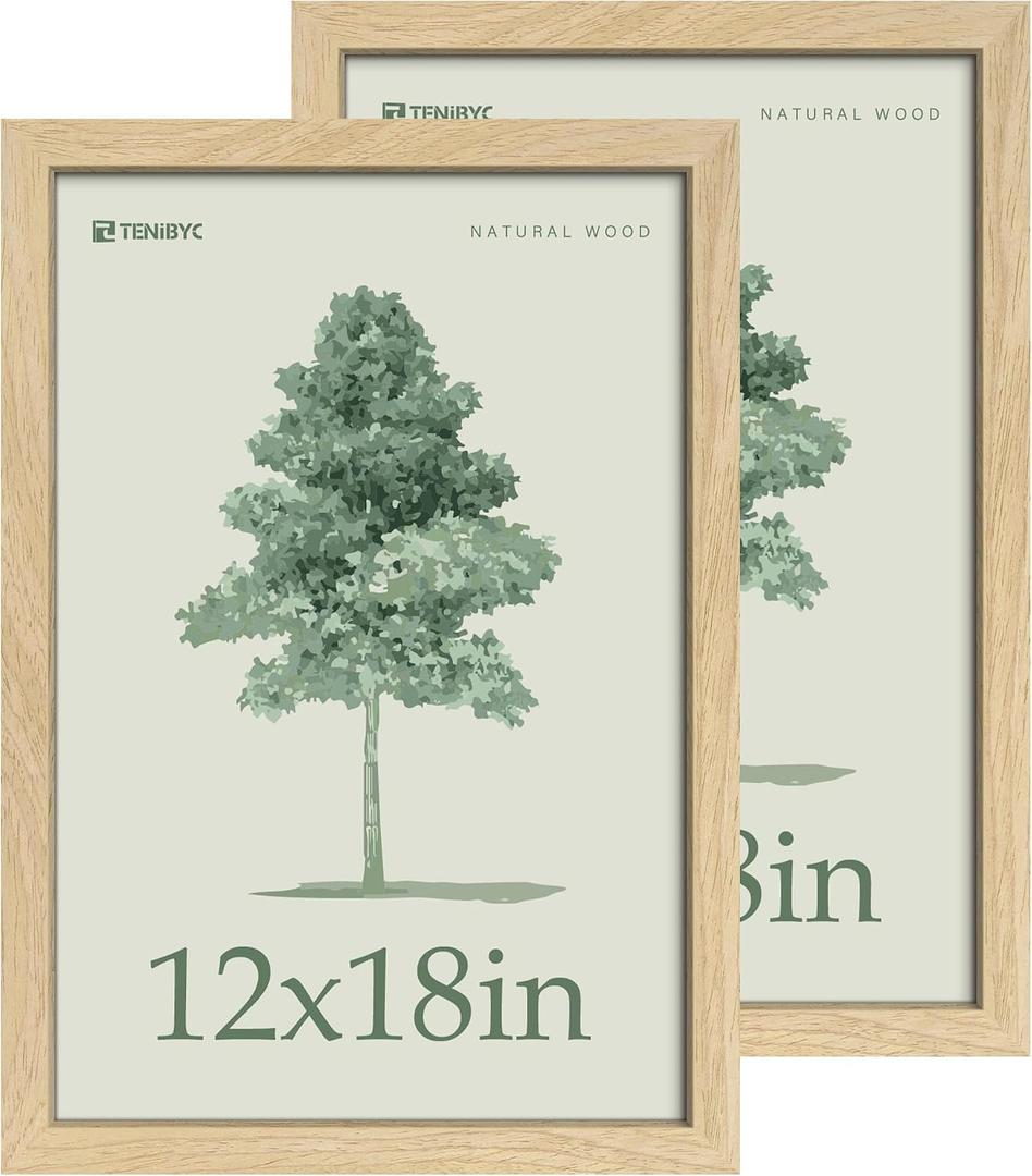12x18 Poster Frame, Natural Wood, Glass, 2 Pack, Wall Mounting