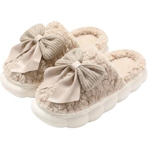 Plush Cute Bow Slippers for Women  Furry Comfy Indoor Outdoor Non-Slip House Slippers (7-8, Khaki)