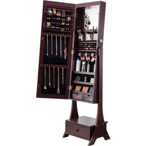VEVOR Jewelry Cabinet Armoire, 62-Inch Tall Lockable Jewelry Organizer with Full-Length Mirror, LED Light, Velvet Lining, Drawer, Freestanding, Brown
