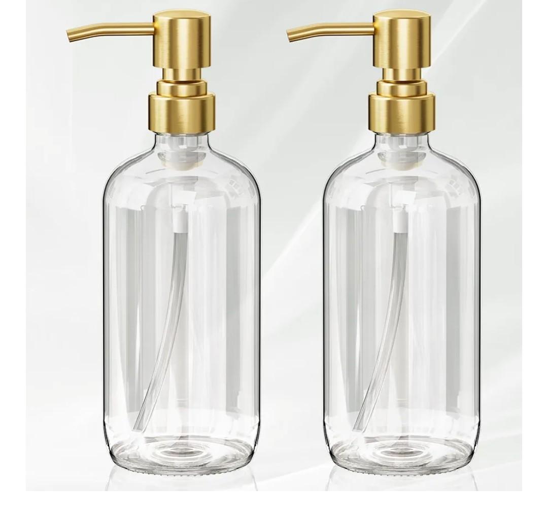 AmazerBath Soap Dispenser, 2 Pack Glass Soap Dispenser with Pump Stainless Steel, 17 Oz Clear Gold Hand Soap Dispensers for Bathroom and Kitchen