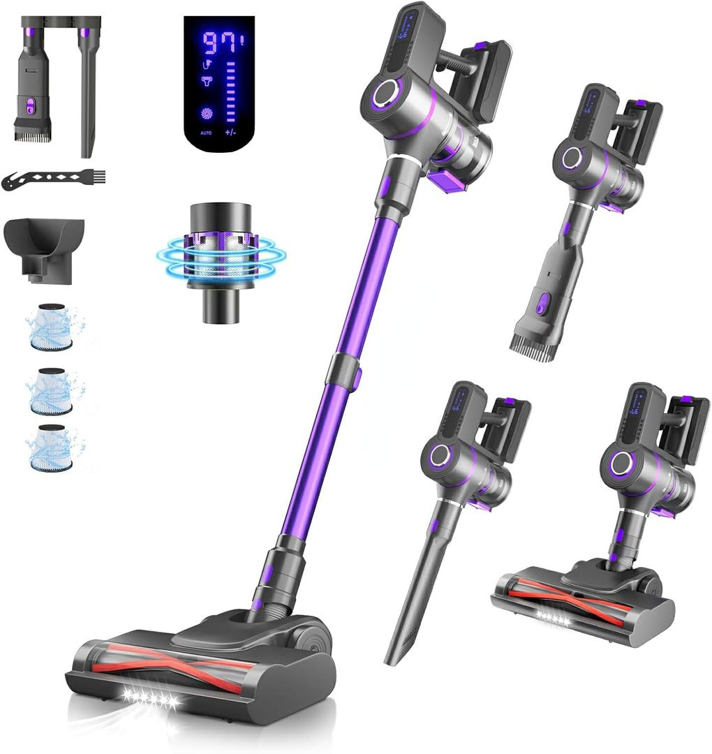 Cordless Vacuum Cleaner, Up to 60 Mins 2500mAh Detachable Battery, Stick Vacuum Cleaners LED Touch Screen, Wall Mount Charging, Wireless Vacuum for Home Hair Pet Hardwood Carpet Floor