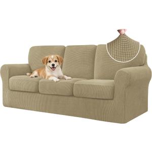 7 Piece Stretch Sofa Cover, 3 Seater Couch Slipcover with Three Separate Backrests and Cushions with Elastic Band, Checks Spandex Jacquard Fabric(Large,Sand)