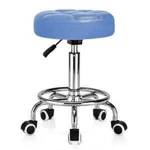 Rolling Stool PU Leather Round - Ultra Soft Padded Seat Cushion Stool with Wheels with Footrest, Weight Capacity 300lb, Adjustable Height Stool for Tattoo Massage Salon Medical Spa Center (Blue)