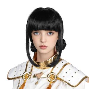 Short Black Wigs With Bangs,Black Wig With Bunss and Braids,Cartoon Movie Cosplay,Synthetic Hair,Heat Resistant Fiber,Halloween Costume Adult Accessory