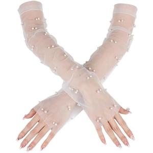 2 x White Lace Sheer Gloves,Bridal Accessories with Pearls for Wedding, Fingerless Gloves, Long Elbow Wedding Armwear for Tea Opera Party and Hallowmas Costume (White)