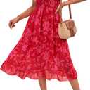 BTFBM Women Casual Summer Short Ruffles Tiered Sleeve Smocked Midi Dresses Bohemian Floral V Neck Wedding Guest Long Dresses (Small)