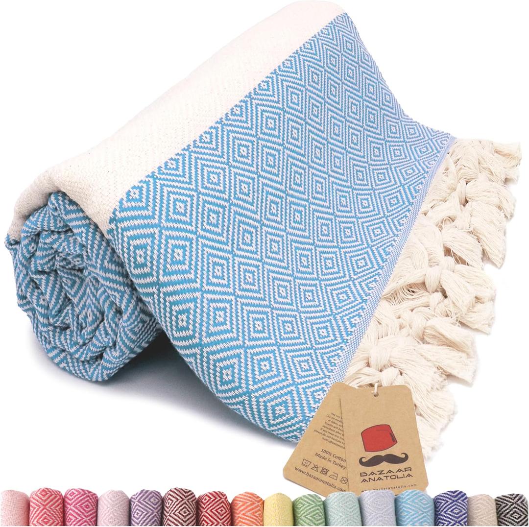 Bazaar Anatolia Turkish Beach Towel 100% Cotton, Quick Dry, Sand Free Towel for Bathroom, Camping, Travel, Teal Oversized 71x39 Inches Diamond Turquoise