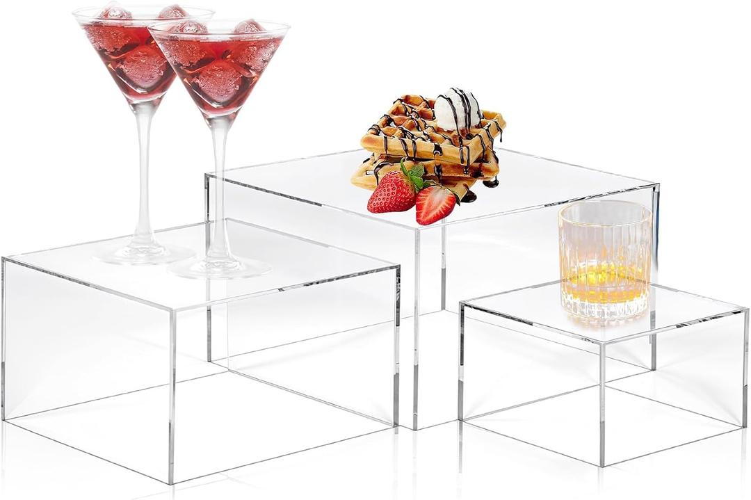 3 Pcs Acrylic Buffet Risers, Clear Cube Display Stands Box Riser with Hollow Bottoms, Acrylic Food Risers for Buffet Table, Party Dessert, Figures, Jewelry, Perfume, Handbag, 6" 7" 8"