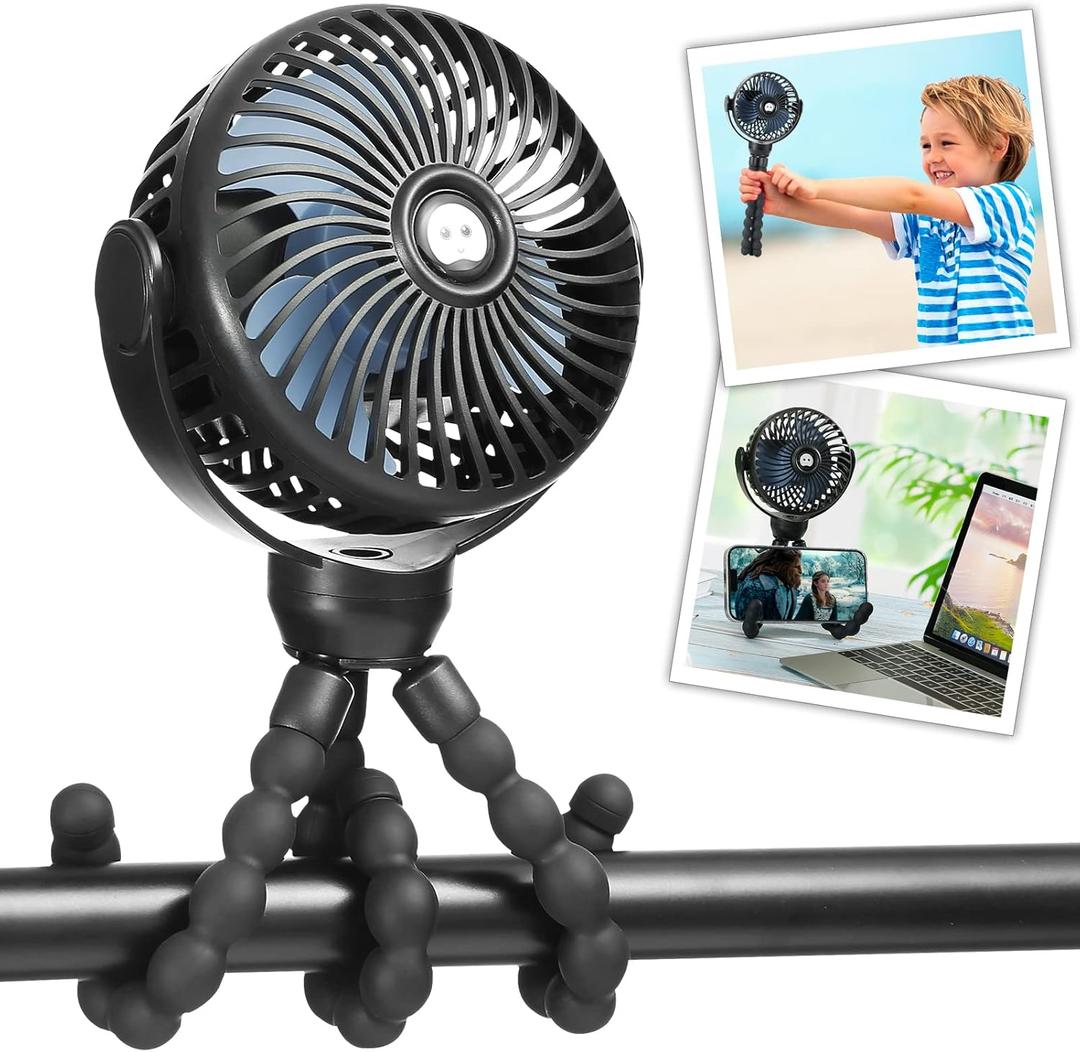 snawowo Mini Portable Baby stroller Fan, Battery Operated Personal Small Handheld Fan, 360 Rotate Flexible Tripod Rechargeable Clip On for Car Seat Crib Bike Treadmill Travel Camping Black