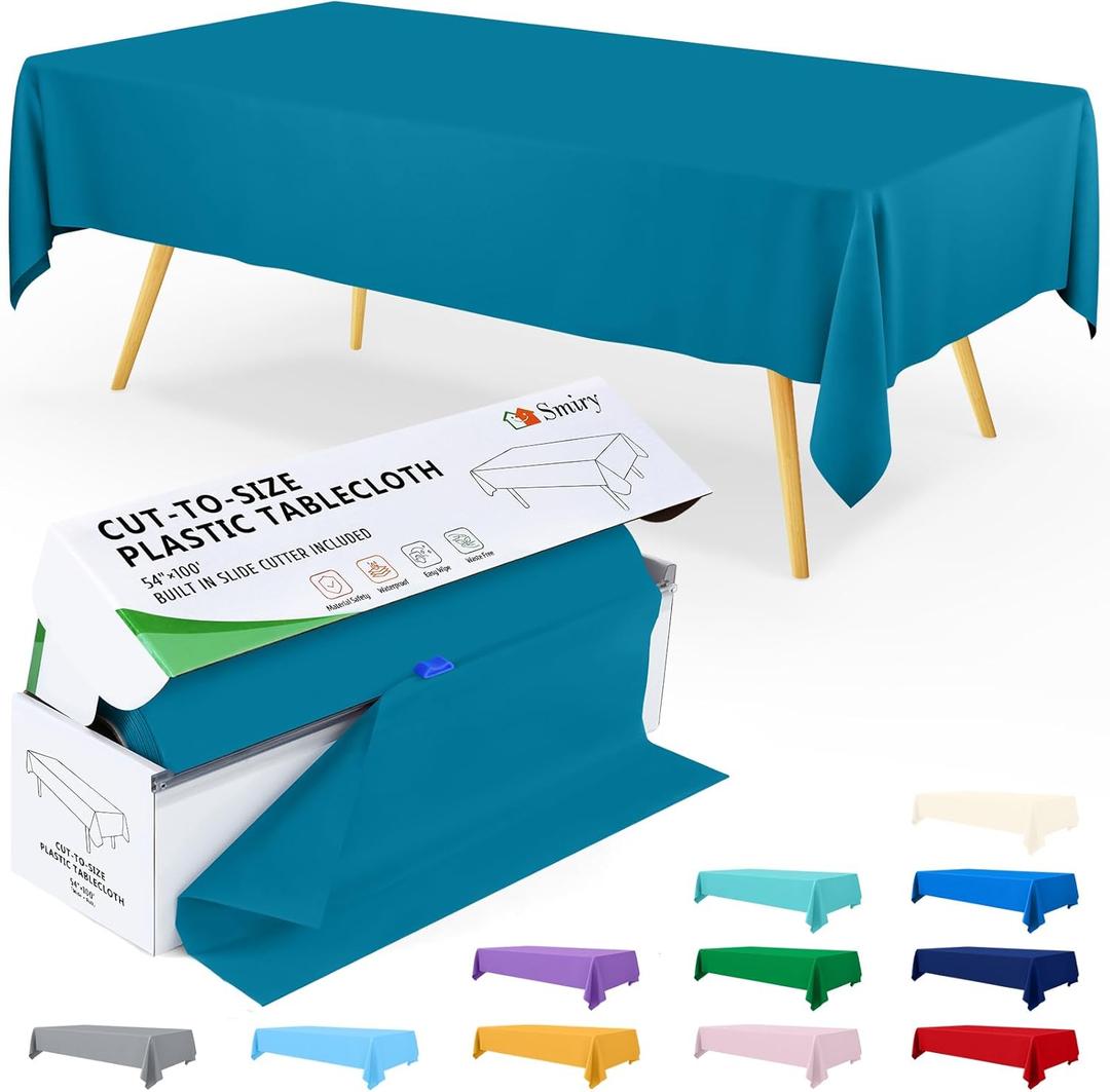 Smiry 54 Inch x 100 Feet Disposable Table Cover Roll, Aqua Plastic Table Cloth in Cut-to-Size Box with Slide Cutter, Waterproof Rectangle Tablecloths for Weddings, Banquets, Outdoor, Aqua 