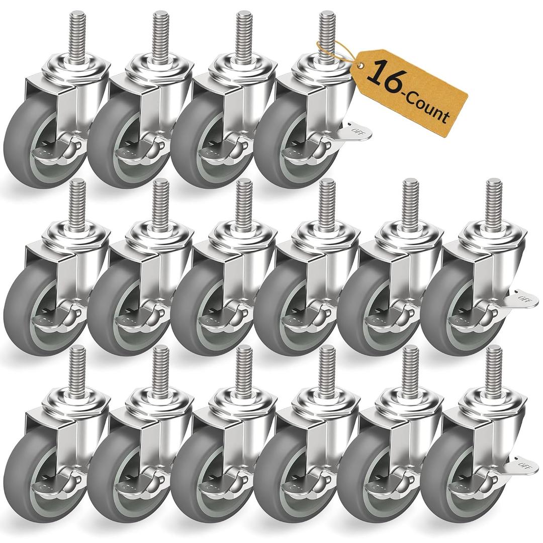 HOLKIE Caster Wheels 3 inch Locking Casters Set of 16, Threaded Stem 3/8" -16 x 1-1/2" (Diameter 3/8", Length 1-1/2") Swivel Heavy Duty Castors Gray