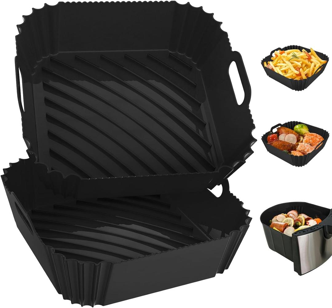 2 Pack Silicone Air Fryer Liners Reusable, 7.1 Inch Airfryer Liner 4-7 QT Square Air Fryer Liners Silicone Pot Oven Liner Baking Tray, AirFryer Basket Mat Bowl Accessories (Black)