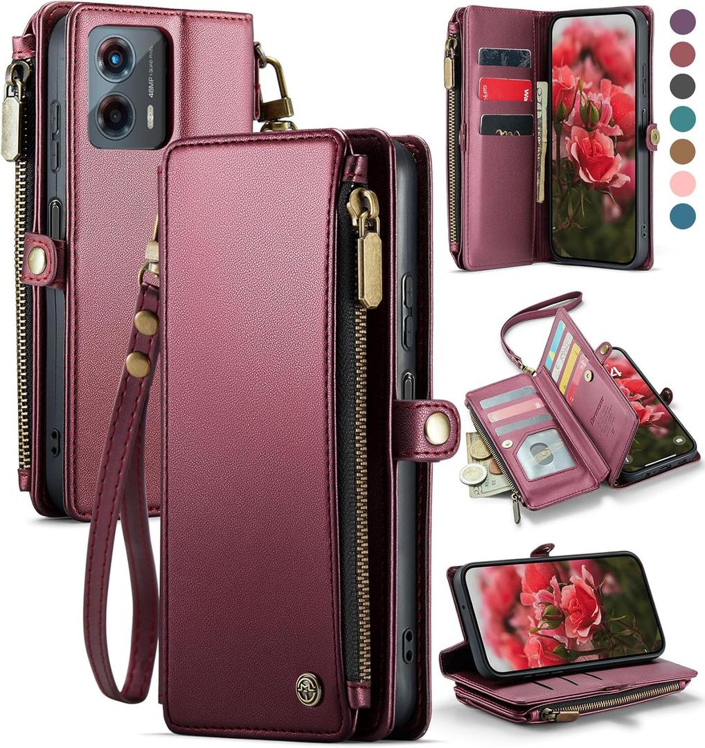 Defencase Compatible with Moto G 5G 2024 Case, RFID Blocking Wallet Case for Motorola Moto G 5G 2024 Fashion PU Leather Flip Strap Zipper Card Holder Phone Case for Women, Burgundy