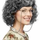 Old Lady Wig for Women Gray Granny Curly Wig with Necklace and Glasses for Halloween Costume Party Cosplay