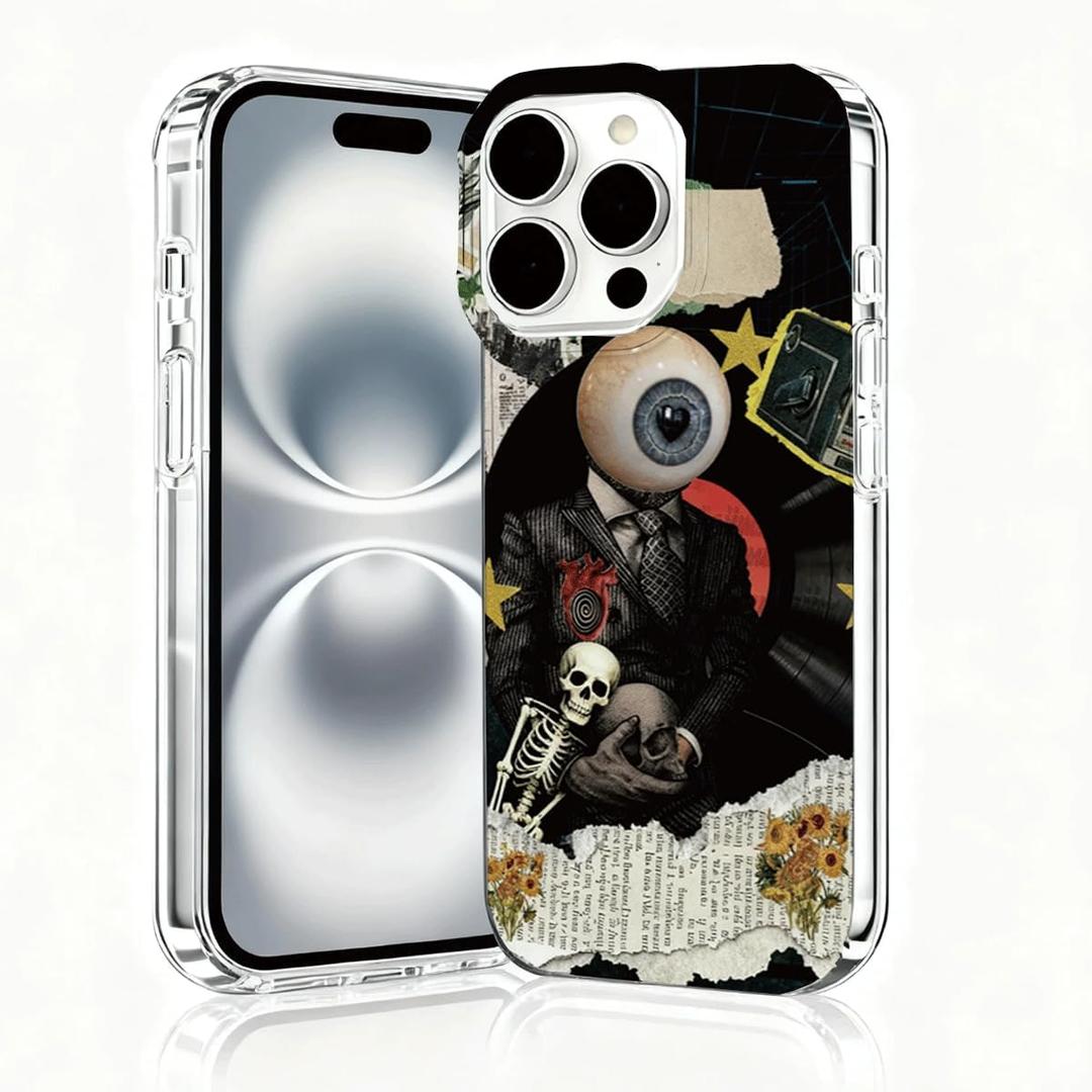 iPhone 16 Pro Max Case, Collage Cases for iPhone 16 Pro Max, Scratch Resistant Shockproof Cover, Aesthetic Clear Phone Cover, Spooky Vintage Cases, Eyeball Skull Collage DesignB108