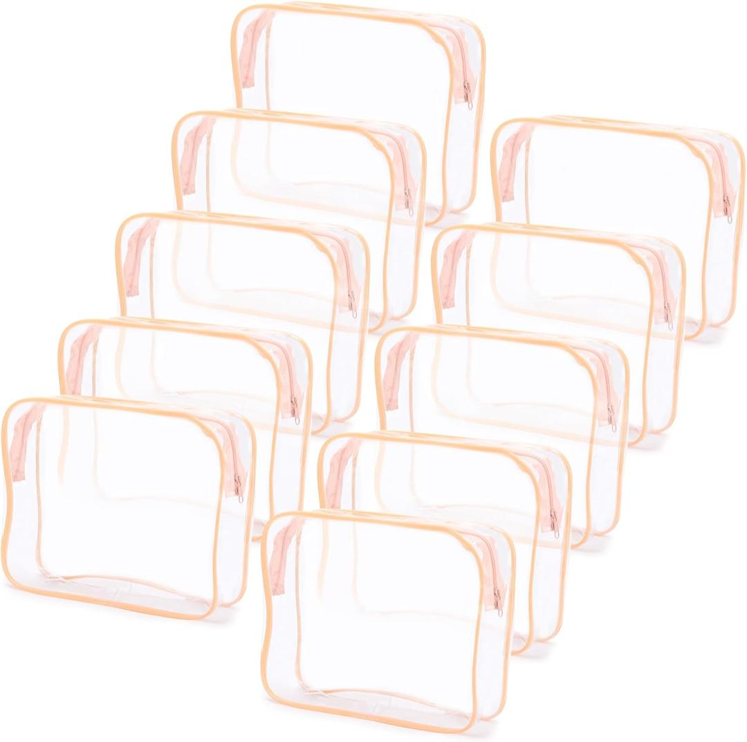 Tbestmax 10 Pack Clear Cosmetic Bags Makeup Bags Portable Waterproof TSA Approved Travel Toiletry Bags Large Organizer Peach Pink, 9.8" x 7.1" x 2.4"
