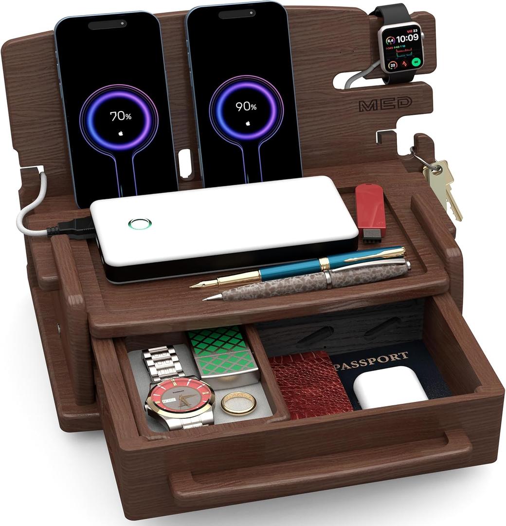 MED Wood Phone Docking Station with Drawer  Nightstand Desk Organizer  Desk Organizer for Husband - Birthday Gifts for Men, Dad, Anniversary Idea, Key Holder Stand Watch & Accessories (Dark Walnut) (Model 3)