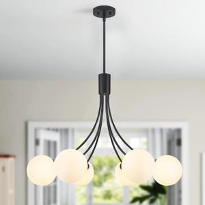 31.5" Modern Black Sputnik Chandelier - 6-Light Adjustable Hanging Fixture with Milk White Glass Shades for Dining Room, Kitchen Island, Living Room, Bedroom, Foyer Lighting