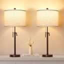 Table Lamps for Bedrooms Set of 2, 22" to 30" Height Adjustable Nightstand Lamps with Linen Shade, Pull Chain Switch Lamps for Living Room, 3 Way Dimmable Beside Lamp (Brown)