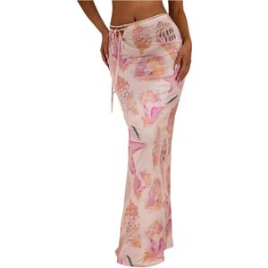 Milumia Women's Boho Beach Skirt Seashell Starfish Printed Tie Side Fishtail Maxi Long Skirts (Large, Pink)