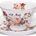 fanquare White Rose Tea Cup and Saucer with Gold Trim, Vintage Bone China Teacup Set with Spoon, 8 oz Coffee Cup for Home Party Gifting
