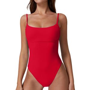 QINSEN Womens Seamed Cup Spaghetti Straps One Piece Bathing Suits Tummy Control Cheeky Swimsuit (Large, Red)