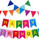 4 x Colorful Happy Birthday Banner with 12pcs Pennant Banner Flags, Rainbow Happy Birthday Sign with Shiny Gold Letters, Party Decorations for Boys Girls, DIY Party Supplies (Multi-color)