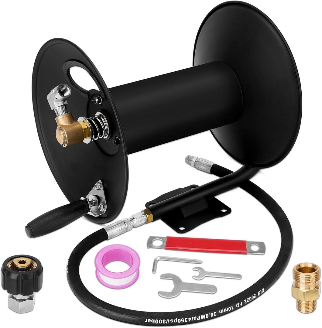 High Pressure Washer Hose Reel 100ft 3/8" NPT, 4000 PSI Heavy Duty Steel Power Washer Hose Reel with Swivel Arm, Mounting Bracket & M22 14mm Fitting, Wall/Machine/Van/Trailer Mount Compatible