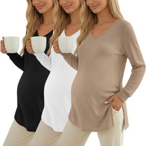 Huukeay 3 Pack Women's Thermal Maternity Shirts Long Sleeve Fleece Lined Pregnancy Tops Split Side V Neck Maternity Clothes (Black, L)