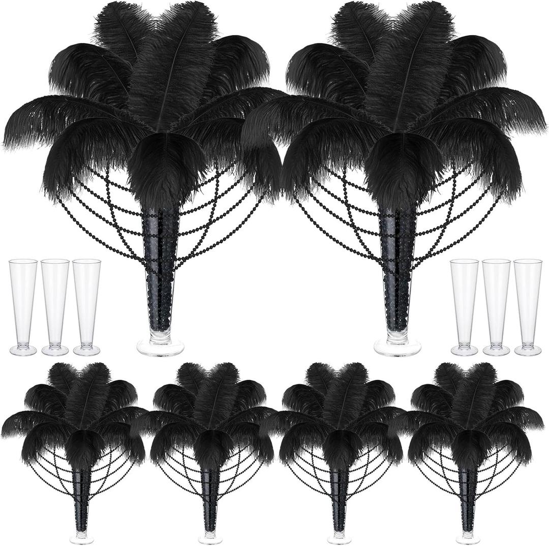 Yuxung 6 Sets Wedding Table Centerpiece Accessories Including 159 Pieces Natural Ostrich Feather Bulk Plastic Vases and Beads Necklaces for Wedding Home Party Centerpiece Supplies(Black)