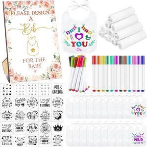 Panitay 100 Pcs DIY Baby Bibs Decorating Kit 50 White Bibs 25 Stencils 24 Fabric Markers 1 Baby Shower Game Sign
