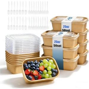 Holotap 50 Pack 25 OZ Disposable Kraft Paper Bowls with Lids【with Spoons and Forks】,Disposable Food Containers, Microwave Safe for Hot Soup, Disposable Meal Prep Containers for Restaurant Supplies