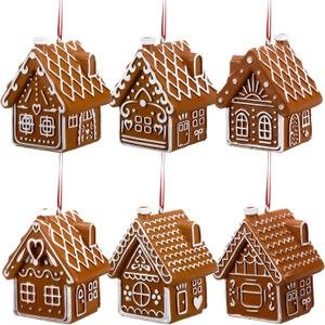 6 Pcs 3D Christmas Clay Dough Gingerbread House Ornaments for Christmas Tree 3.15 Inch Resin Candy House Hanging Vintage Decorations with Rope for Holiday Party New Year Home