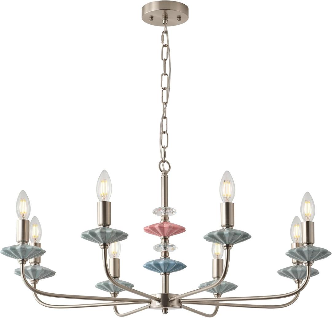 Brushed Nickel Chandeliers for Dining Room Light Fixture Over Table,8-Light Art Deco Chandelier, Modern Vintage Chandelier with Ceramic,Farmhouse Chandelier for Girls Bedroom,Living Room