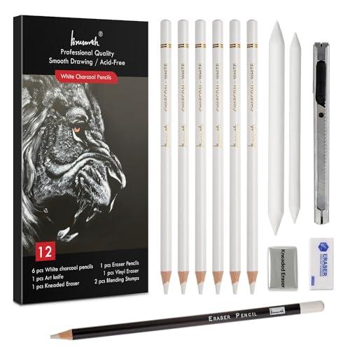 Brusarth White Charcoal Pencils Set - 12 Piece Sketch Highlight White Pencils Set for Drawing, Sketching, Shading, Blending, Artist Pencils for Artists, Professionals or Beginners