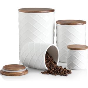 Sweejar Ceramic Canisters Sets for Kitchen Countertop, Relief Food Storage Jar with Bamboo Lid, Stackable Container for Flour, Coffee, Pasta, Cereal, Tea, Sugar, Spices, Pack of 4 (Walnut White)